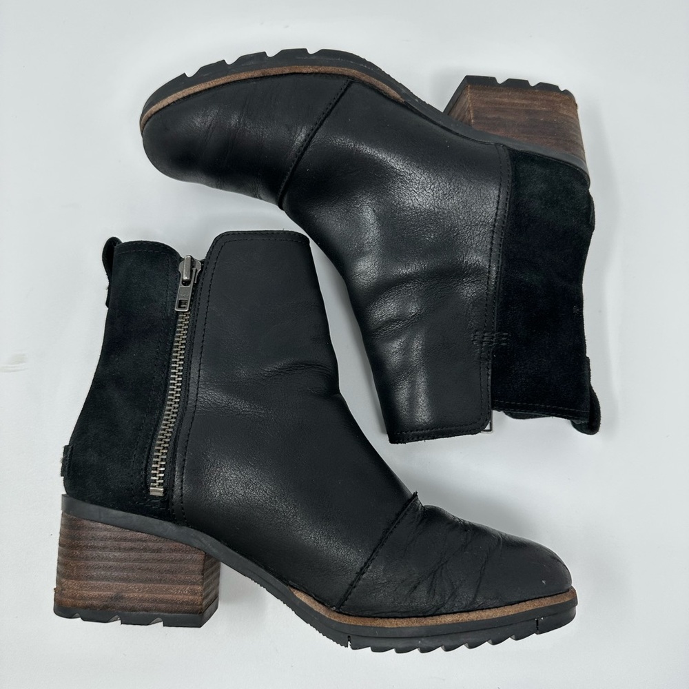 Sorel Cate Bootie Waterproof Black Leather Ankle Boots Lug Sole Sz 8 - Picture 5 of 16
